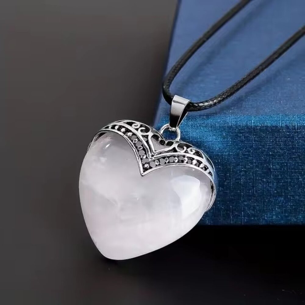 White Jade Natural Gemstone Heart Pendant Necklace Healing Gemstone